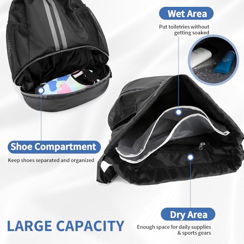 JELUTAR Drawstring Backpack Gym Bag with Shoes Compartment for Soccer, Basketball, Swim, Water-Resistant String Backpack B...
