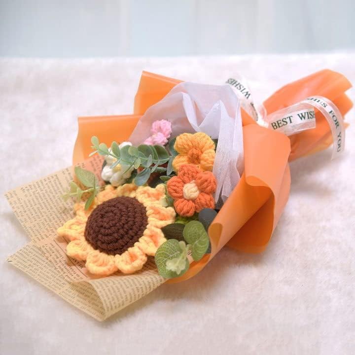 Aiouclay Crochet Flowers Bouquet,Sunflower Knitted Eternal Yarn Flowers, Handmade Artificial Flower Bouquet Home Decor Gif...