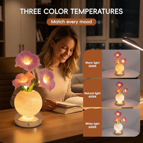 SXDLED Pink Morning Glory Lamp – Rechargeable Wireless Touch-Control Dimmable Faux Flower Desk Light, LED Glass Planet Vas...
