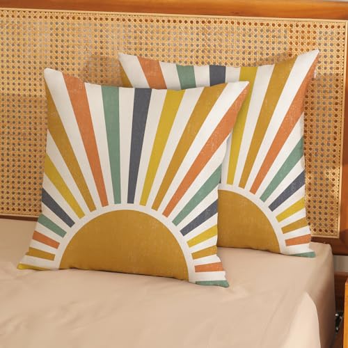 GOLIANDA Boho Pillow Covers 18x18 Set of 2 Stripes Colorful Yellow Sunshine Decorative Pillow Cases Summer Rainbow Sun Out...