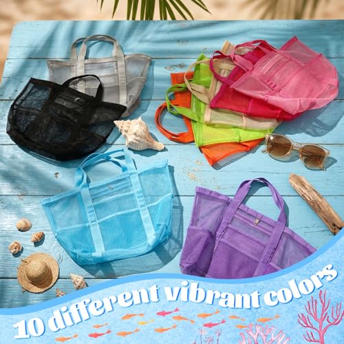 Hsei 10 Pack Mesh Beach Bags Bulk for Women Waterproof Large Pool Tote Bag with 8 Pockets & Reinforced Handles Toy Bags fo...