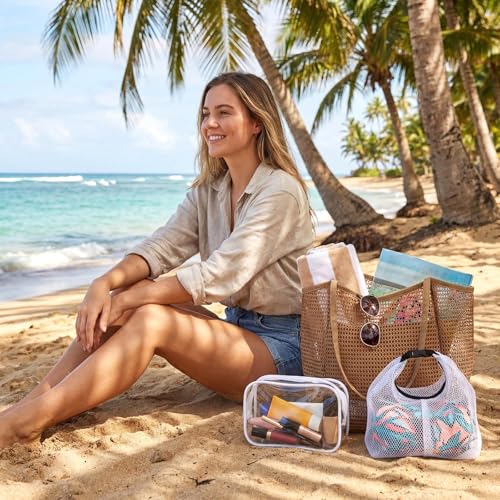 Hsei 3 Large Mesh Beach Bag Tote Set for Women, Khaki Collapsible Tote, Includes Waterproof Swimsuit Dry Bag & Clear Cosme...