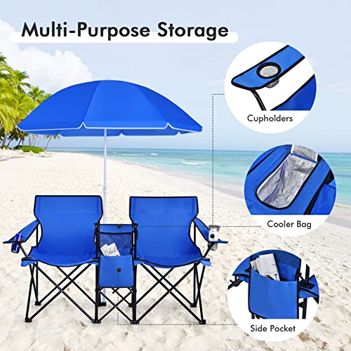 COSTWAY Double Portable Picnic Chairs, Folding Camping Chairs w/Detachable Umbrella, Cooler Bag, Cup Holders, Patio Beach ...