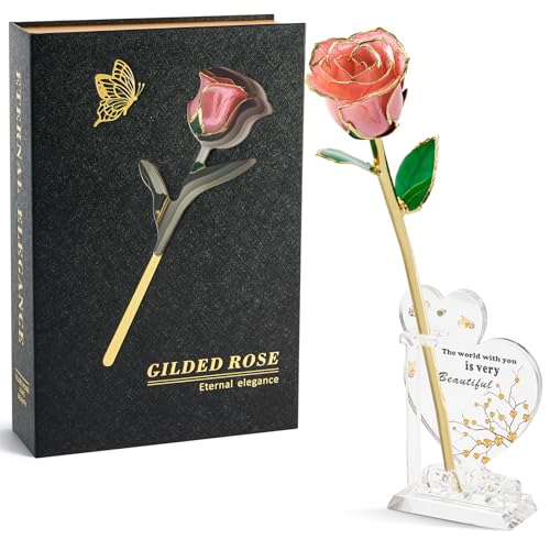 CIAPSK 24K Gold Dipped Rose Gift Set – Luxury Eternal Rose with Interlocking Acrylic Butterfly Display Base & Premium Boo...