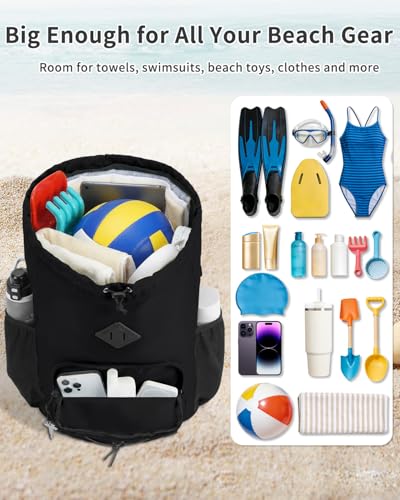 WANDF Drawstring Backpack with Removable Wet Pocket, Sandproof Beach Backpack with Bottom Compression Strap for Beach Mat,...