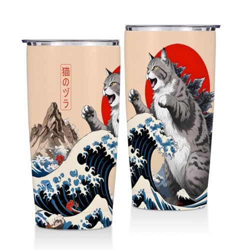 Cat Gifts for Women 20 oz Tumbler, Funny Japanese Cats Stainless Steel Insulated Water Bottle, Cats Themed Insulated Trave...