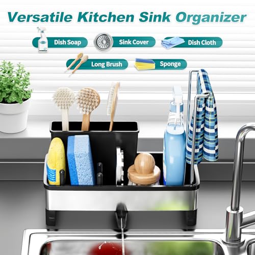 Ewaiira Stainless Steel Sink Caddy, Sponge Holder for Kitchen Sink with Brush Holder Dishcloth Rack, Rustproof sink Organi...