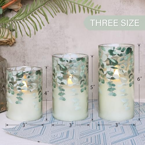 Immeiscent Green Glass Flameless Candles Remote Timer Eucalyptus Leaves Greenery Design Battery Operated Flicker Pillar Ca...