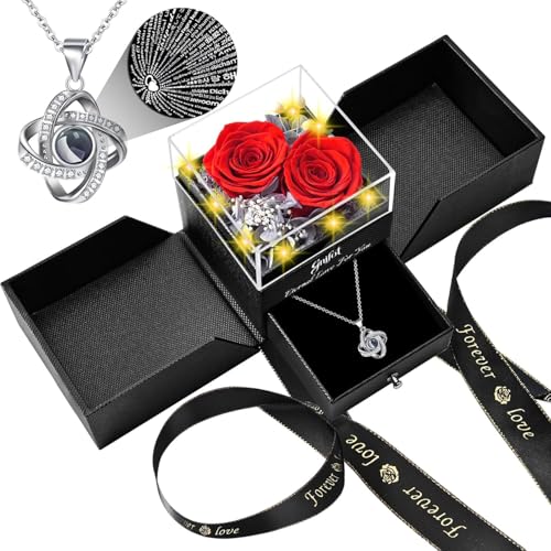 Gnifot Preserved Red Real Rose with I Love You in 100 Languages Necklace,Eternal Flowers Gifts for Women Wife Girlfriend M...