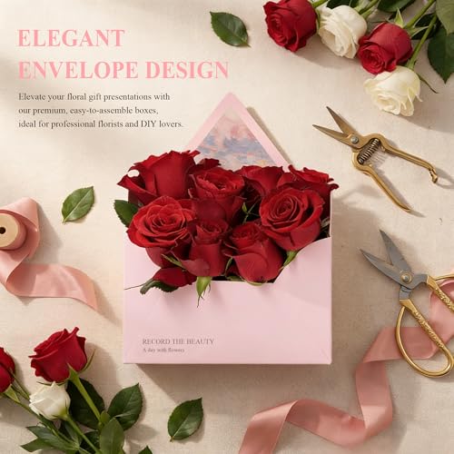 Amalee 10 Pack Pink Flower Bouquet Envelope Boxes with Greeting Cards, Premium Cardboard Floral Gift Boxes for Arrangement...