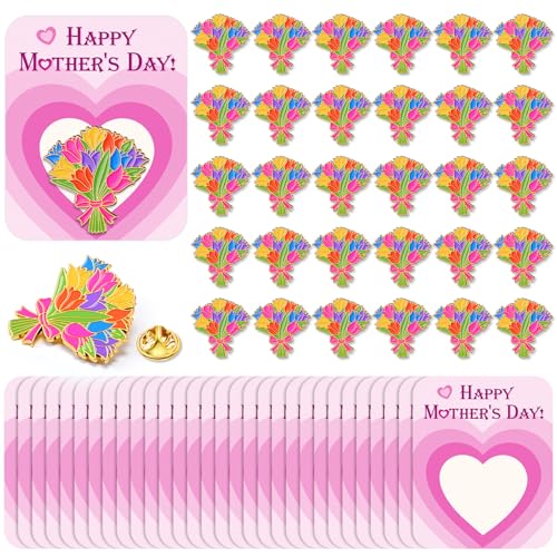 Humyoun 30 Sets Happy Mother's Day Gifts Flower Pins with Cards, Tulip Floral Bouquet Brooch Lapel Enamel Pins Bulk for Mo...