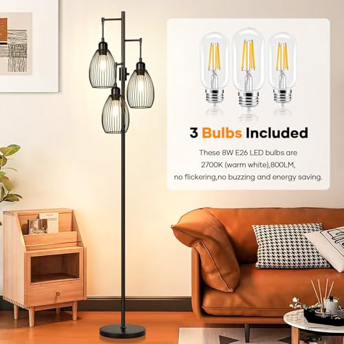 Dimmable Floor Lamp, 3 x 800LM LED Edison Bulbs Included, Farmhouse Industrial Floor Lamp Standing Tree Lamp with Elegant ...