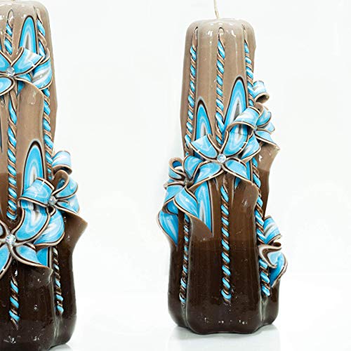 Carved Candle Artisan Handmade Decorative Dipped Candle “Blue Flowers” 8 inch Brown Blue Fall Thanksgiving New Year Christ...