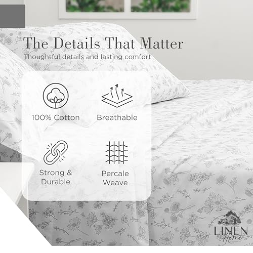 Linen Home 100% Cotton Printed Percale Sheets California King Size, Deep Pocket, 4 Pieces Set - 1 Flat, 1 Deep Pocket Fitt...