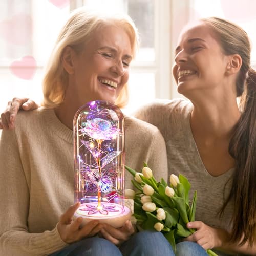 Mothers Day Rose Gifts for Mom Galaxy Glass Roses Preserved Forever Flowers for Delivery Light Up Rose in Glass Dome Anniv...