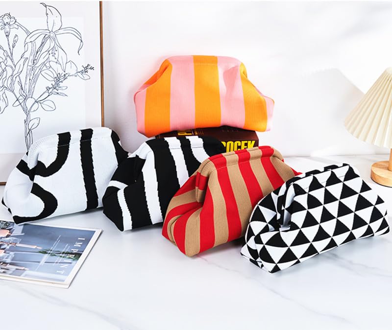 DIHKLCIO Clutch Purses for Women 2026 Summer Beach Woven Crochet Bag Dumpling Striped Ruched Cloud Purse Evening Handbag