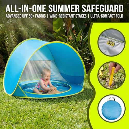 Outdoor Beach Tent with Built-in Kiddie Pool, UPF50+ Sun Shade Canopy, 190T Waterproof Nylon, Portable Cabana for 3-4 Pers...