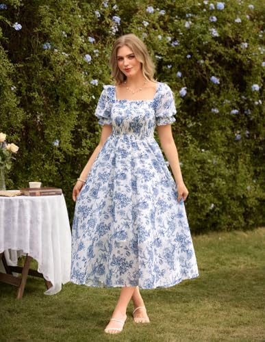 Scarlet Darkness Floral Dress for Women Summer Puff Sleeve Square Neck A Line Flowy Wedding Guest Tea Party Dresses
