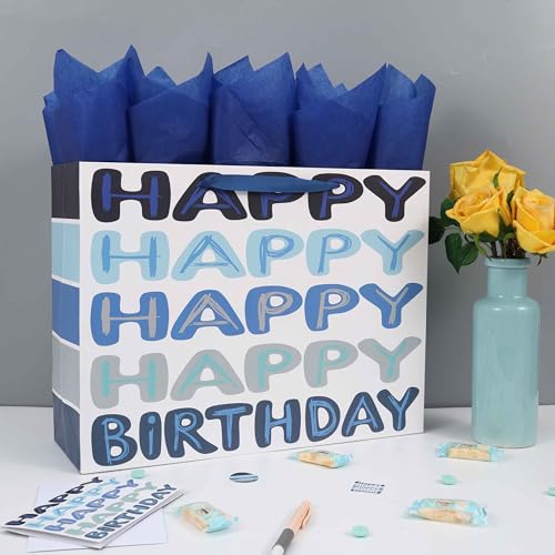 Qirrmiy 16.5” Extra Large Blue Happy Birthday Gift Bag Set with Handles, Greeting Card, Tissue Papers and Stickers for Men...