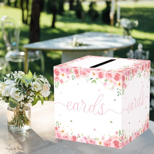 QISOLIY Pink Floral Card Box for Party, White Gift Card Holder & Money Box with Watercolor Flowers for Wedding, Bridal Sho...
