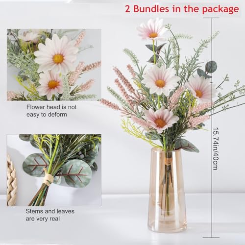 HO2NLE 2 Bundles Artificial Wildflowers Fake Daisy Flowers Bouquet Silk Flower with Stems Faux Daisies Eucalyptus Pink Flo...