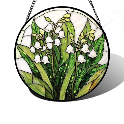 DASTOLL Stained Glass Window Hanging, Lily of the Valley Flower Sun Catchers Colorful Glass Panel Green Plants Suncatcher ...