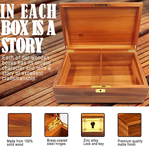WELITTCON Wood Box Large Decorative Wooden Storage Box with Hinged Lid and Locking Key Premium Acacia Keepsake Chest Box M...