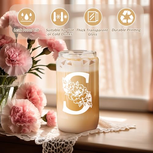 Coolife Initial Glass Cup, Monogrammed Gifts for Women, 16oz Glass Cups w/Lids Straws, Iced Coffee Smoothie Beer Tumbler ...