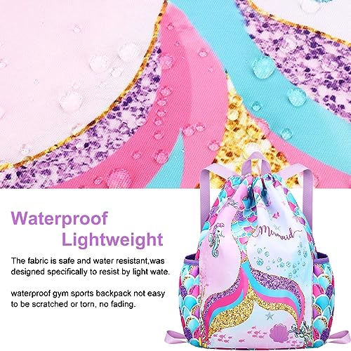 RHCPFOVR Drawstring Backpack for Kids - Mermaid Bags for Girls Gym Dance Beach Swim Travel Bag With Two Water Bottle Holder