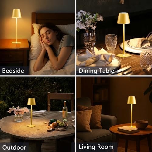 Yogaret 2 Pack Gold Rechargeable Table Lamps,Cordless Lamp with 6000mAh Battery Operated,Wireless Lamp for Restaurant Home...