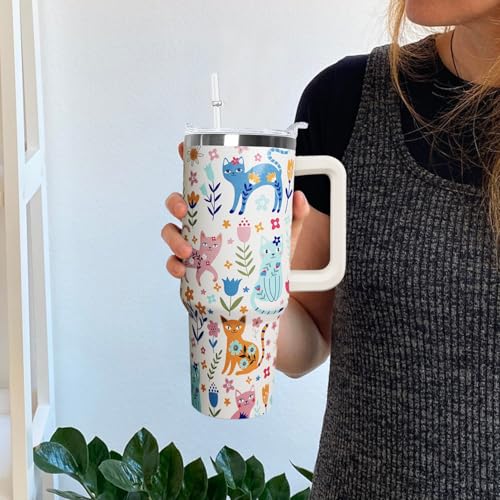 Ceovfoi 40 Oz Cat Tumbler With Handle, Coffee Travel Mug Cup Water Bottle, Cat Decor, Gifts for Women