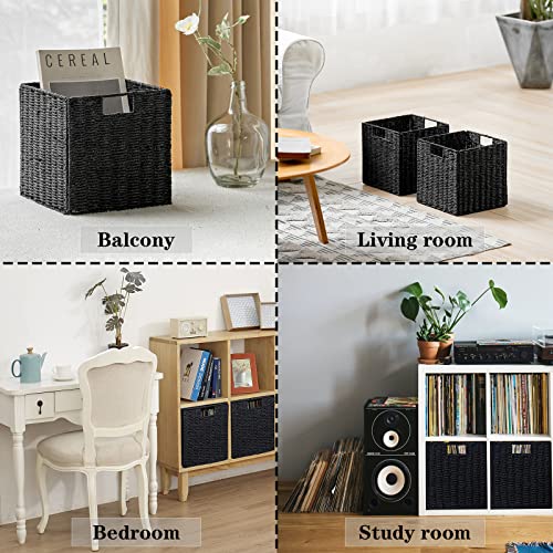Vagusicc Wicker Storage Basket, Set of 2 Hand-Woven Wicker Basket, Foldable Cube Storage Bin, Black Storage Basket, Square...