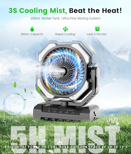 Aopircs Camping Misting Fan - 24000mAh Portable Battery Powered Fans with 9oz Water Tank, Light, Hook - Rechargeable, 120H...