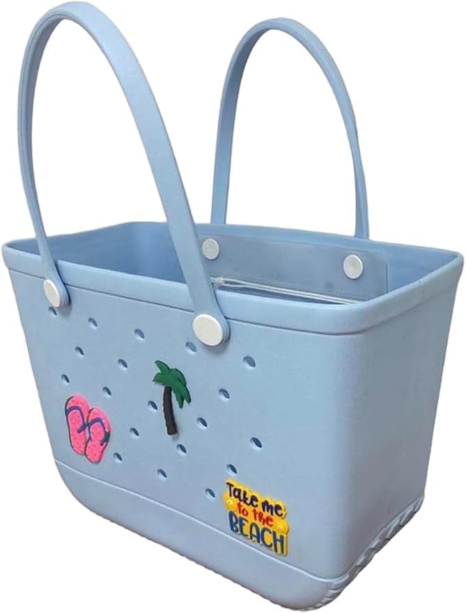 XL Waterproof Rubber Beach Tote Bag with Drainage Holes –Stylish Rubber Bag with Charms for Sand-Free Beach,Pool & Lake Days