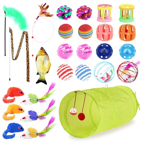SunGrow Cat Tunnel and Assorted Activity Variety Pack, Interactive Kitten Accessories, for Indoors, Teaser Wand, Crinkle B...