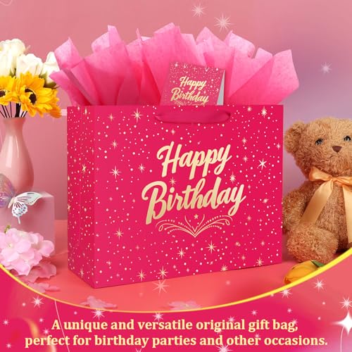BeiLaad 13" Pink Happy Birthday Gift Bag with Greeting Card and Tissue Papers, Happy Birthday Bag for Women Girls Party, G...