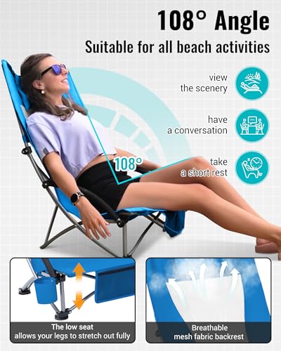 KingCamp Low Beach Chair, High Back Folding Camping Chair for Adults, Oversized Breathable Mesh Seat, 300lbs Heavy Duty Po...