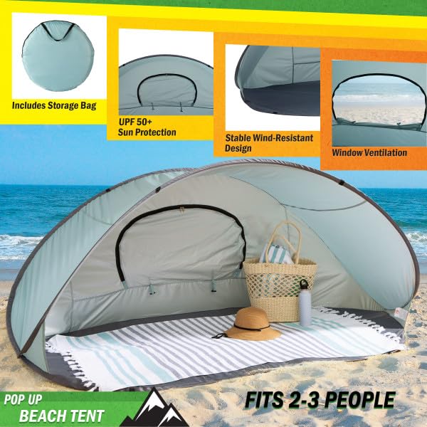 Pop Up Beach Tent - Fits 2-3 People - Sun Shelter with UV Protection and Ventilation - Water and Wind Resistant Camping Ca...