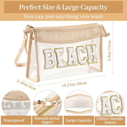 Aliceset 2 Pack Crochet Mesh Beach Tote Bag with Letter Patch Pocket Summer Beach Tote Bohemian Straw Transparent Bag