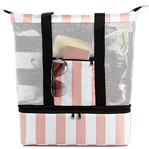 Bluboon Mesh Beach Tote Bag with Cooler Compartment Insulated Detachable Picnic Bag with Zipper and Pocket Pool Bag for Women