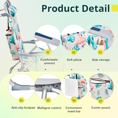 VINGLI Aluminum Backpack Beach Chair for Adults, Portable Lightweight Reclining Beach Chair with Headrest & Side Pocket, L...