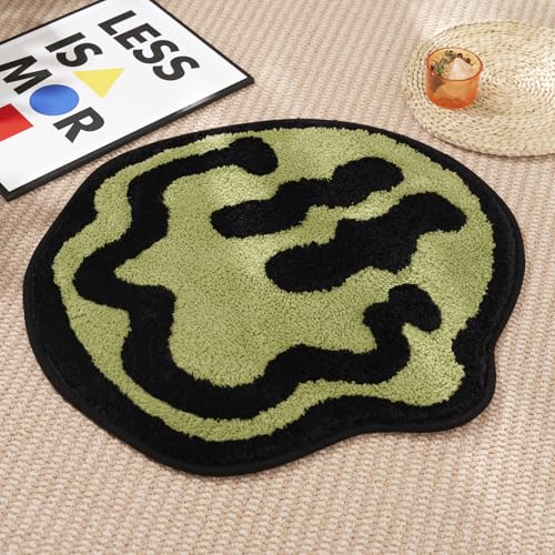 ELDONE Trippy Happy Face Bath Mat Green- Cool Rugs for Bedroom, Cute Bath Mat, Hippie Rug Non-Slip, Sage Green Fun Funky T...