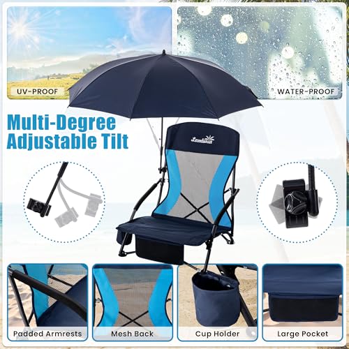 Lamberia Folding Beach Chair with Umbrella for Adults, Portable Low Beach Chairs with 300lbs Capacity, Lightweight Fodable...