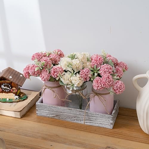LUEUR 3PCS Artificial Hydrangea Flowers in Mason Jars with Wood Tray for Dining Table Coffee Table Farmhouse Home Decor Ce...