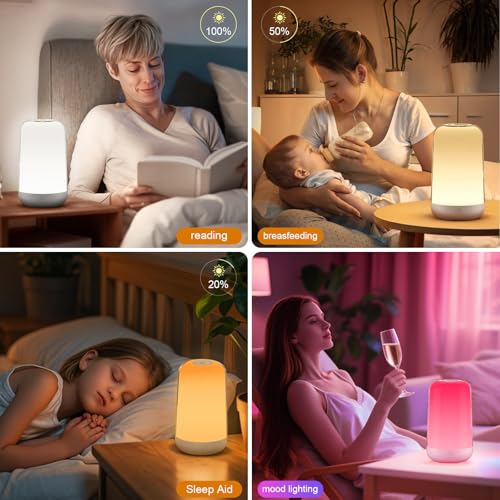FRIDEKO HOME 2 Pack RGB Touch Bedside Lamp for Nightstand, 3 Color Temperatures Rechargeable Battery Night Light, Dimmable...