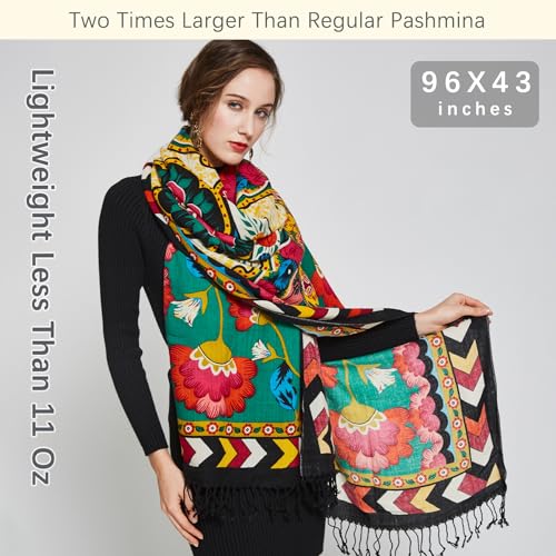DANA XU 100% Merino Wool Pashmina Shawl for Women 96"x43", Oversized Cashmere Wrap with Tassels, Floral Travel Blanket Cape