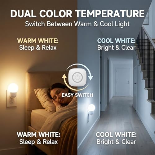 LED Night Lights Plug into Wall, Warm White/Cool White Adjustable，Tool Free Setup Plug in Night Light，1W Bright Nightlight...