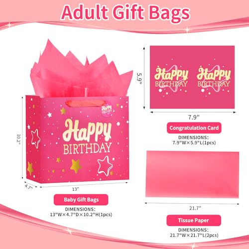 Powbrace 13" Pink Happy Birthday Gift Bag with Tissue Paper and Greeting Card for Party,Happy Birthday Gift Bag for Men Wo...