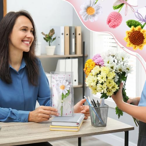 Frienda 6 Set Teacher Appreciation Gifts Crochet Flowers with Greeting Cards and Bows Knitted 5.91" Sunflowers Daisy Tulip...