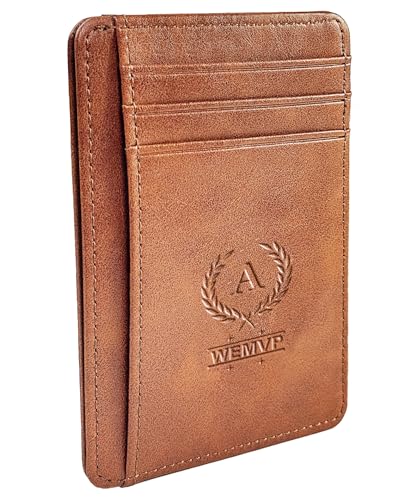 WEMVP Personalized Initial Card Wallet - Deep 3D Embossed Floral Leather Slim RFID Blocking Holder, Ultra-Thin 0.8cm Custo...